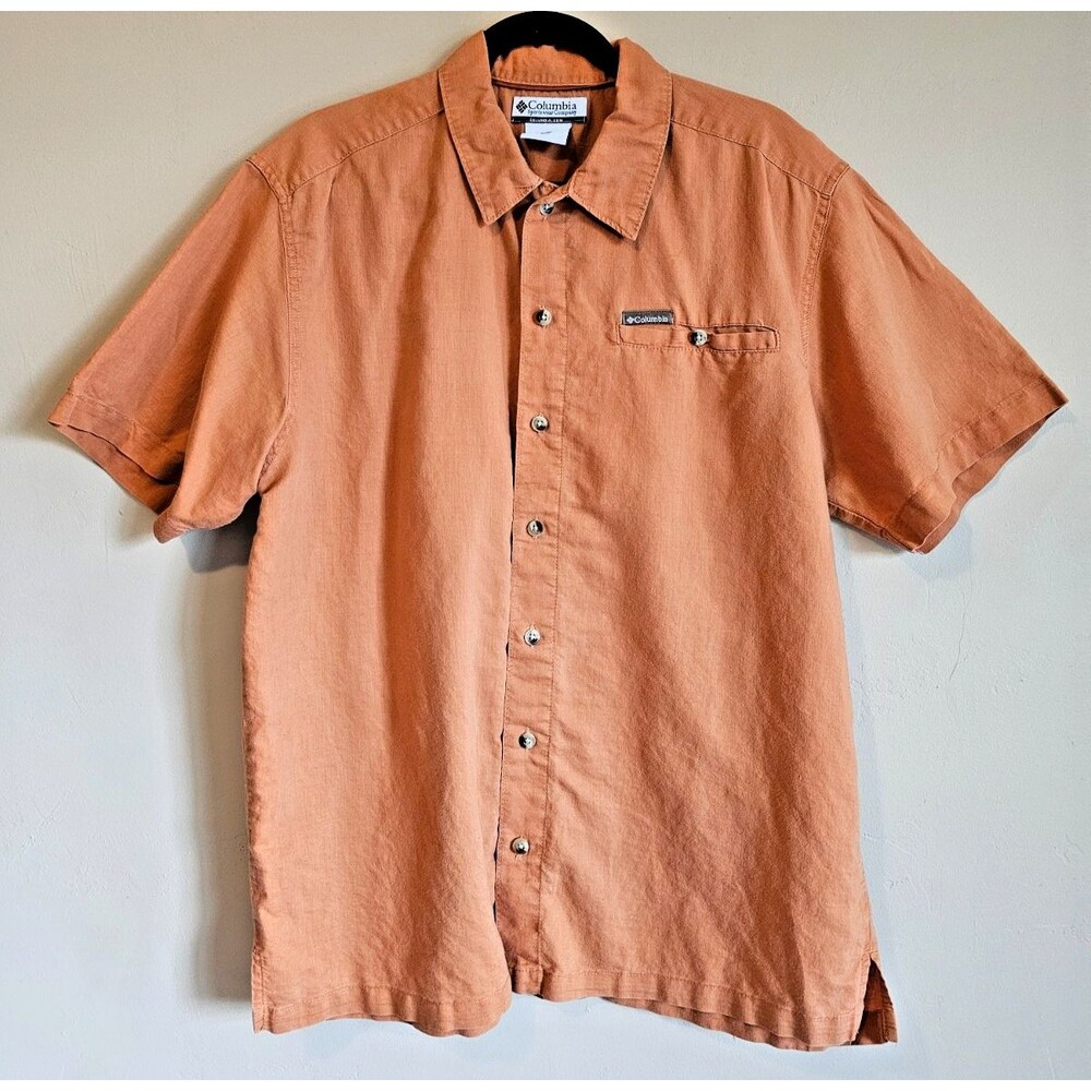 Columbia Sportswear Shirt Mens Size M Orange Ramie Cotton Blend Short Sleeve
